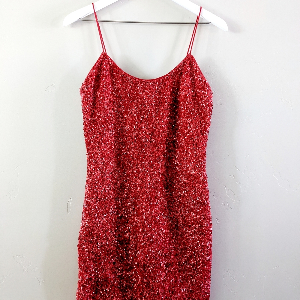 Alice + Olivia Red Sequins Party MINI DRESS Bodycon Nelle Bright Poppy